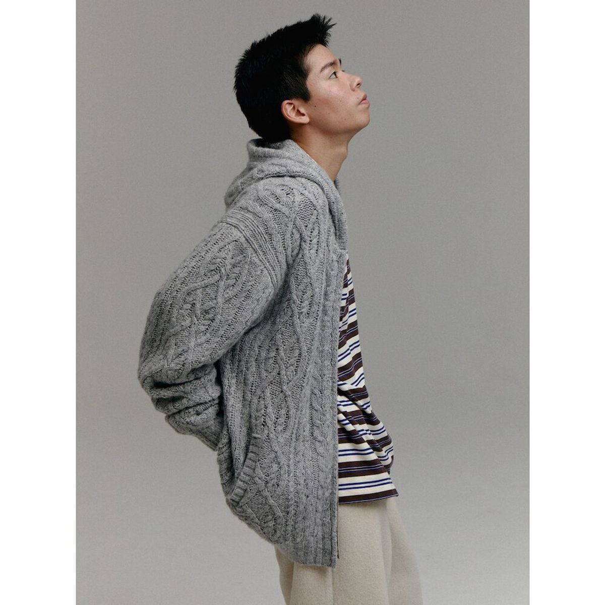 샌드 사운드(SAND SOUND) (UNISEX) 울 블렌드 케이블 니트 집업 후드  그레이