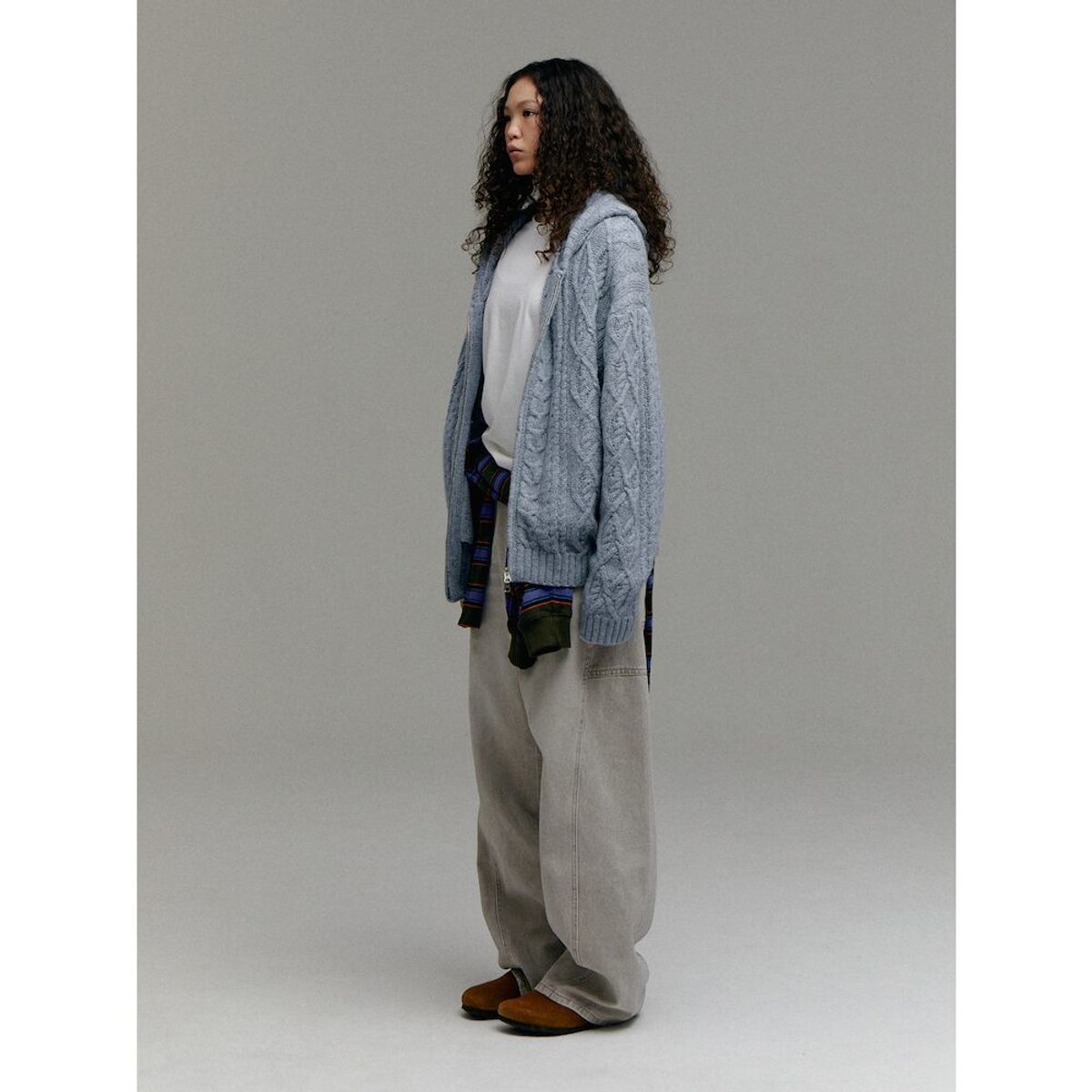 샌드 사운드(SAND SOUND) (UNISEX) 울 블렌드 케이블 니트 집업 후드  스카이 블루