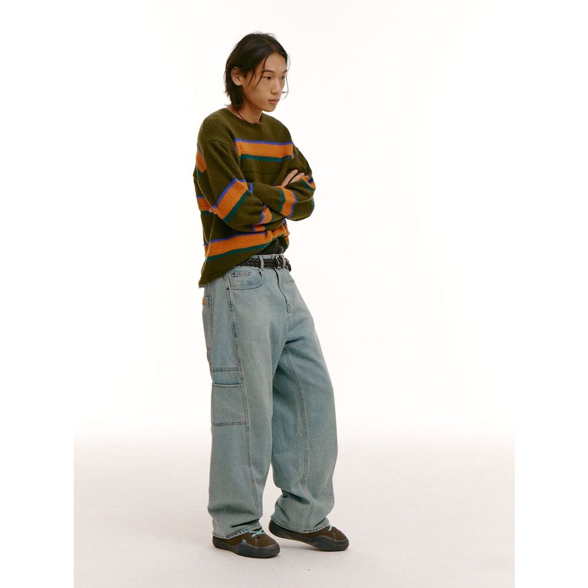 샌드 사운드(SAND SOUND) (UNISEX) 울 블렌드 스트라이프 풀오버 스웨터  카키