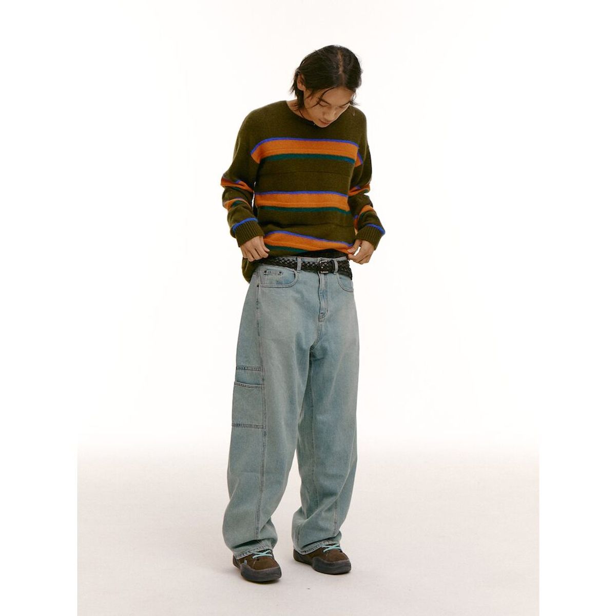 샌드 사운드(SAND SOUND) (UNISEX) 울 블렌드 스트라이프 풀오버 스웨터  카키