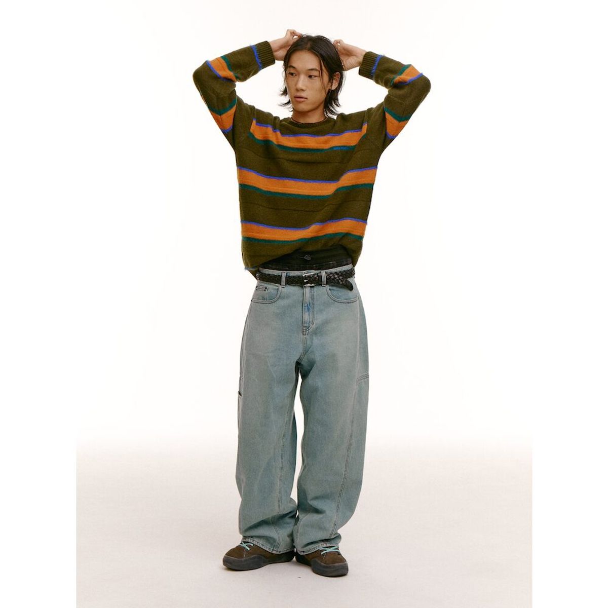 샌드 사운드(SAND SOUND) (UNISEX) 울 블렌드 스트라이프 풀오버 스웨터  카키
