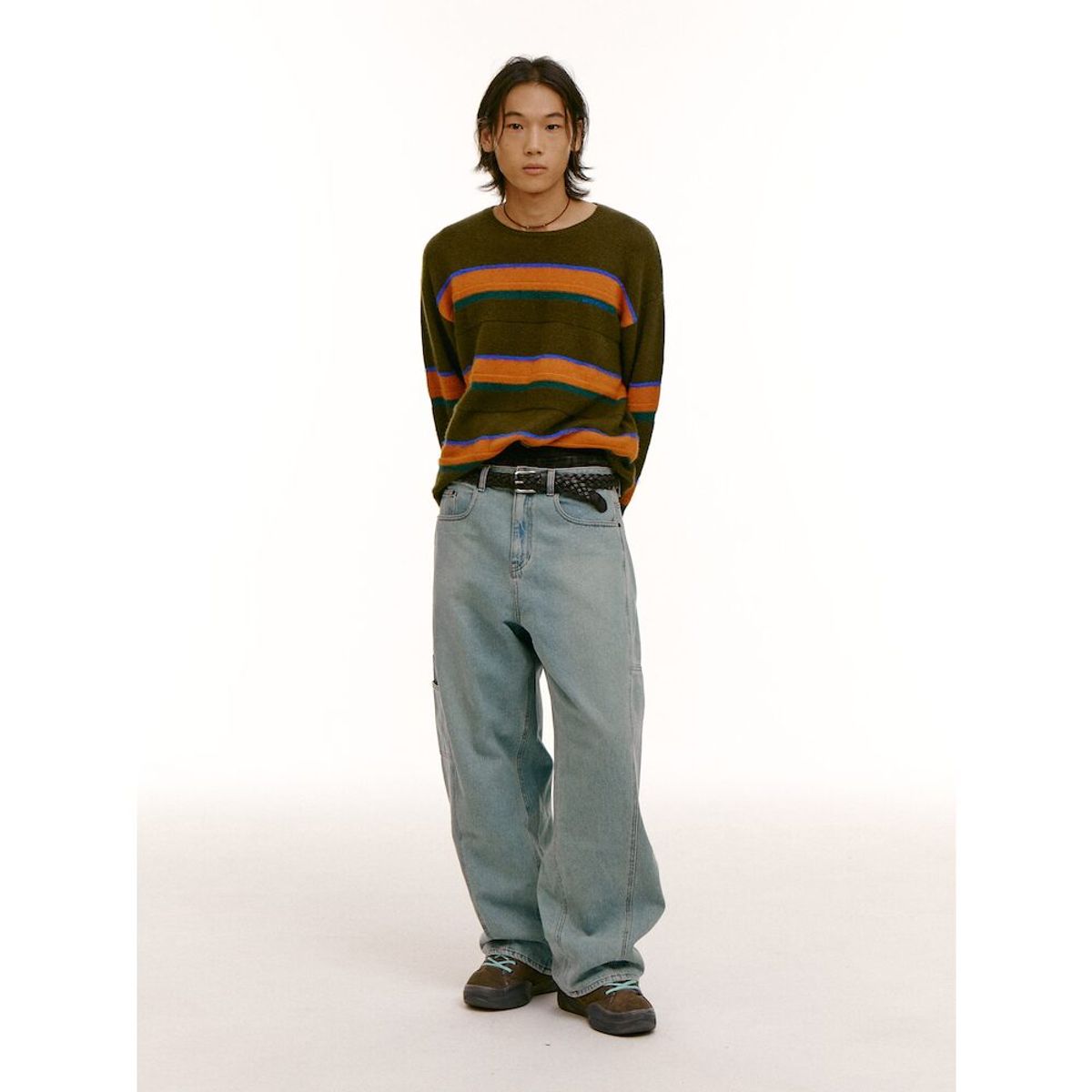 샌드 사운드(SAND SOUND) (UNISEX) 울 블렌드 스트라이프 풀오버 스웨터  카키