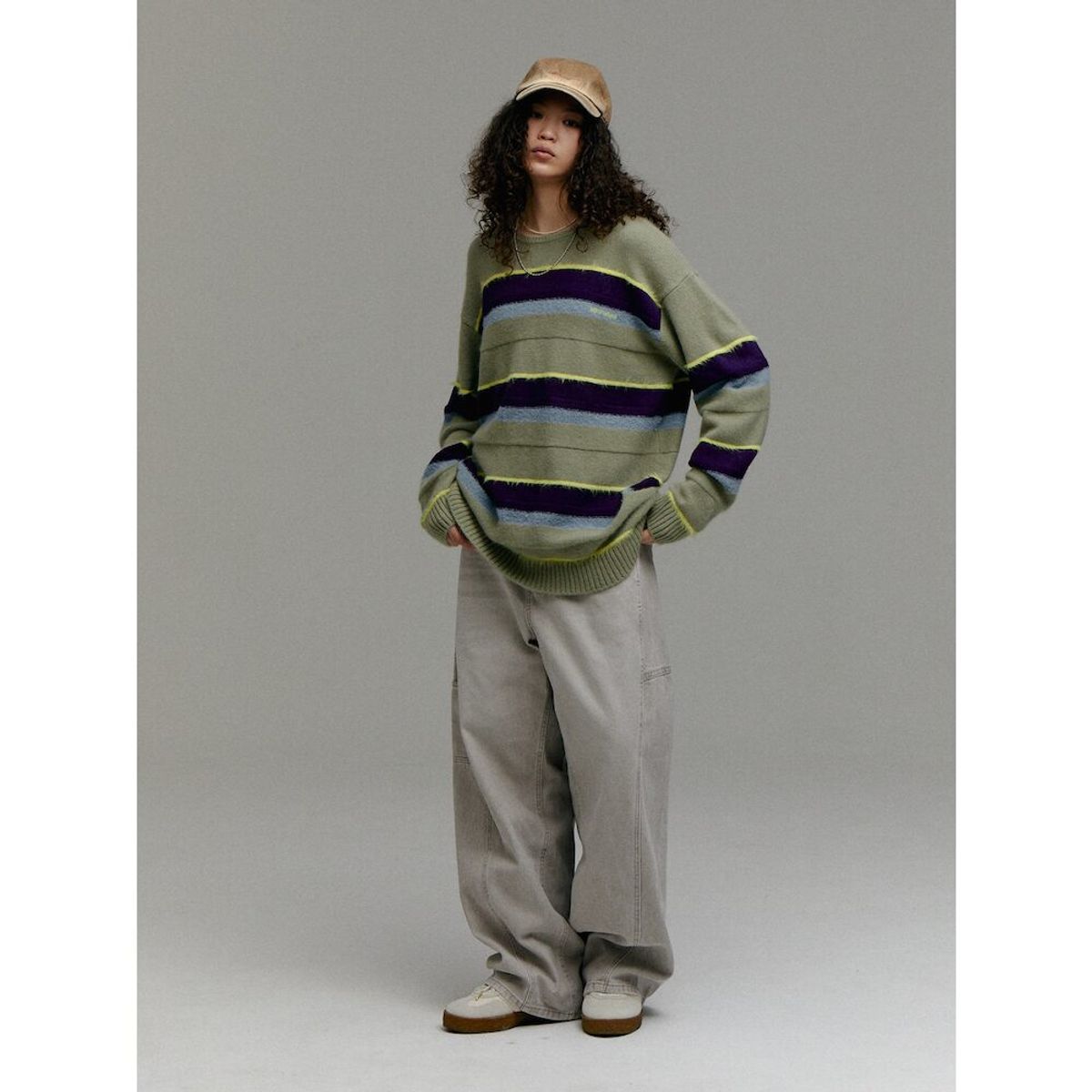 샌드 사운드(SAND SOUND) (UNISEX) 울 블렌드 스트라이프 풀오버 스웨터  애플 그린