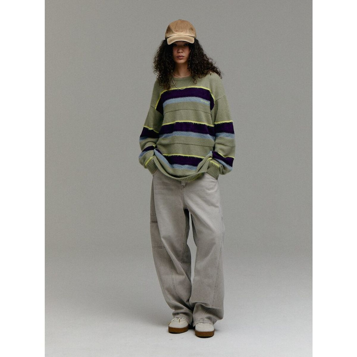 샌드 사운드(SAND SOUND) (UNISEX) 울 블렌드 스트라이프 풀오버 스웨터  애플 그린