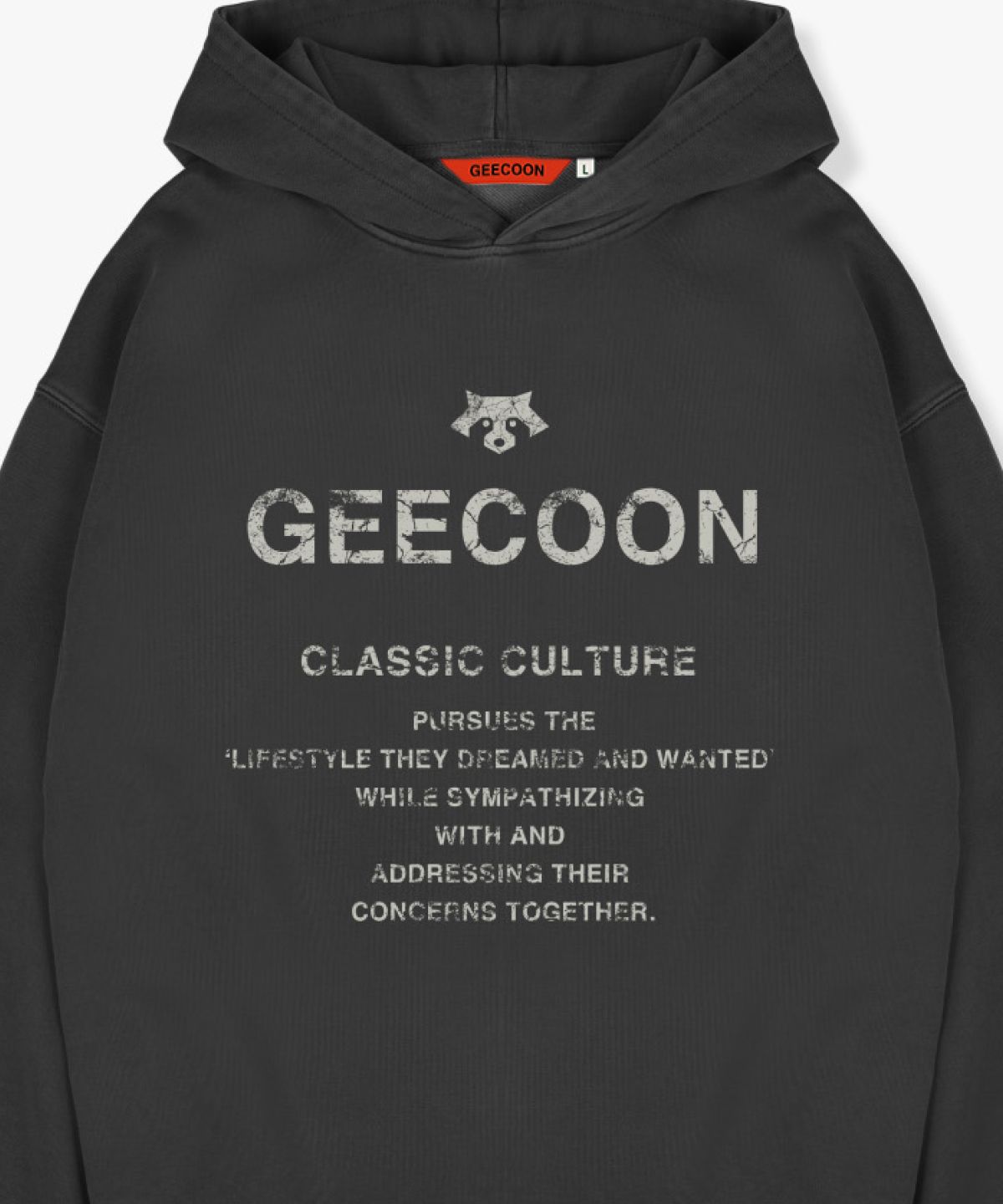 지쿤(GEECOON) 피그먼트 다잉 빈티지 레터링 후드 스웨트셔츠 GEE257-105 챠콜
