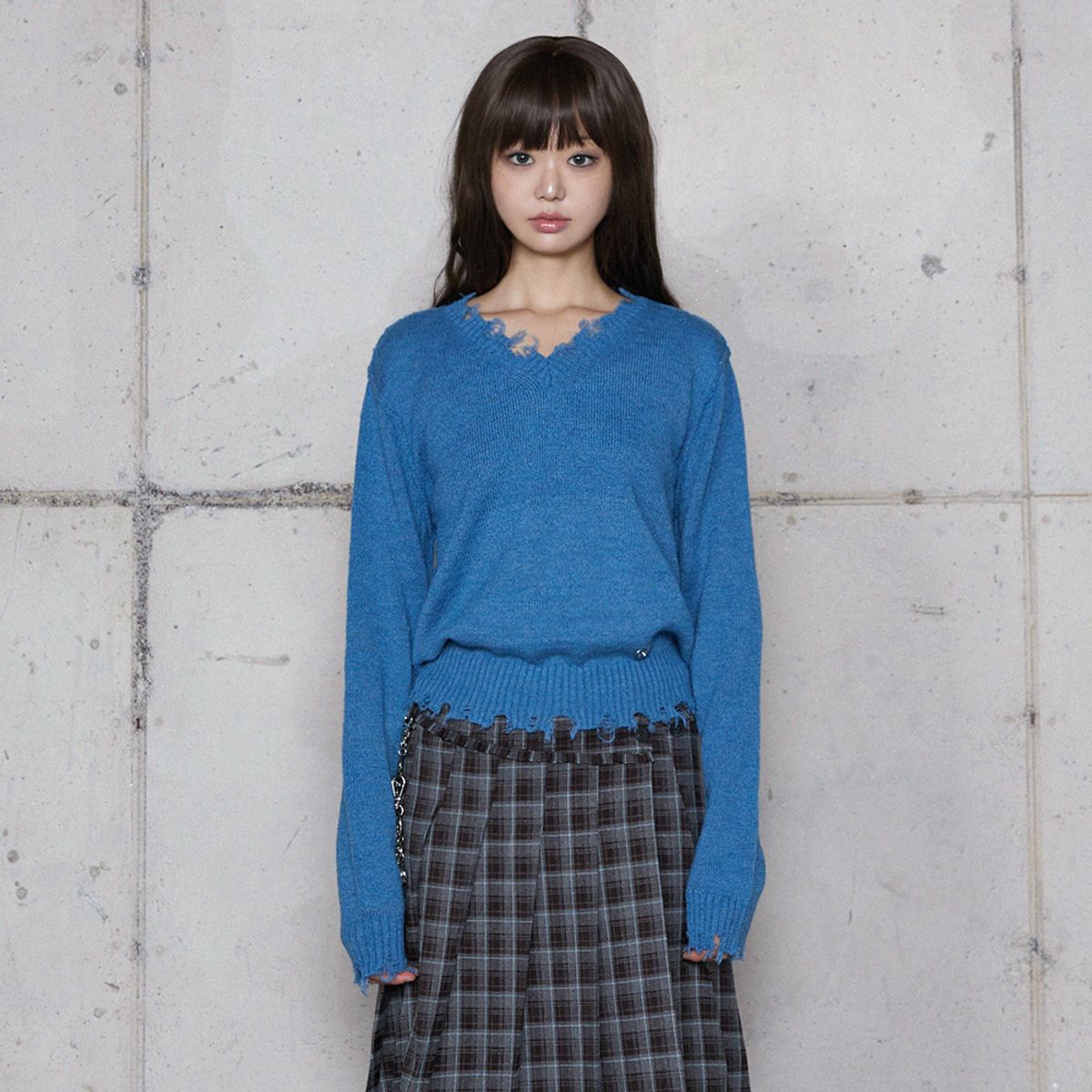 라라폭스(LALAFOX) DESTROYED V-NECK KNIT BLUE 브이넥 니트 BR4KL002