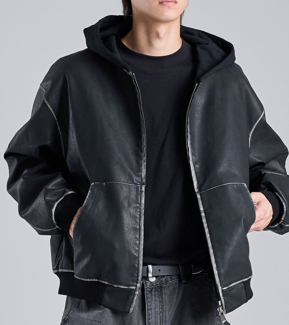 버튼서울(BUTTON SEOUL) 비건 레더 후드 집업 자켓 (블랙)