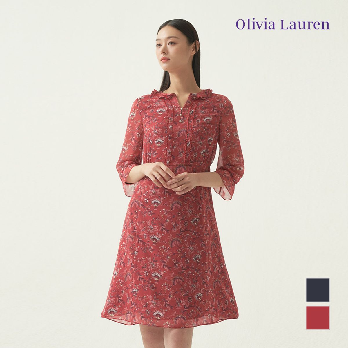 올리비아로렌(OLIVIALAUREN) 네크 프릴 플레어 원피스_VOCOAXF7121