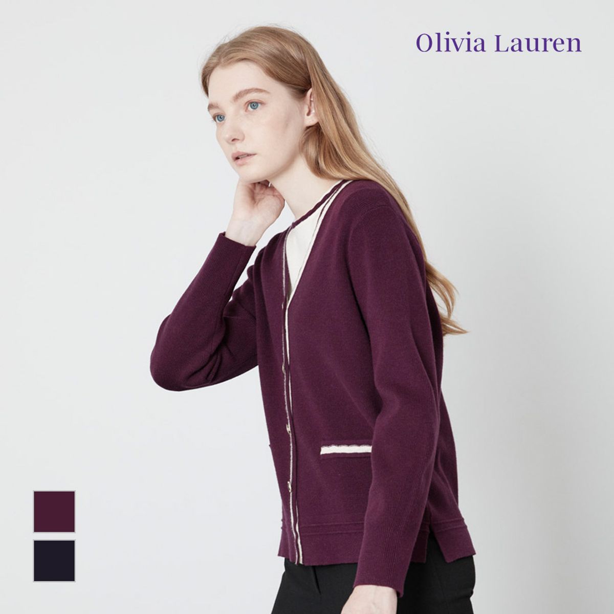 올리비아로렌(OLIVIALAUREN) 브이넥 배색 가디건_VOBBCYW9171