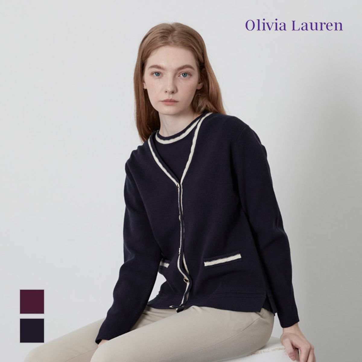 올리비아로렌(OLIVIALAUREN) 브이넥 배색 가디건_VOBBCYW9171