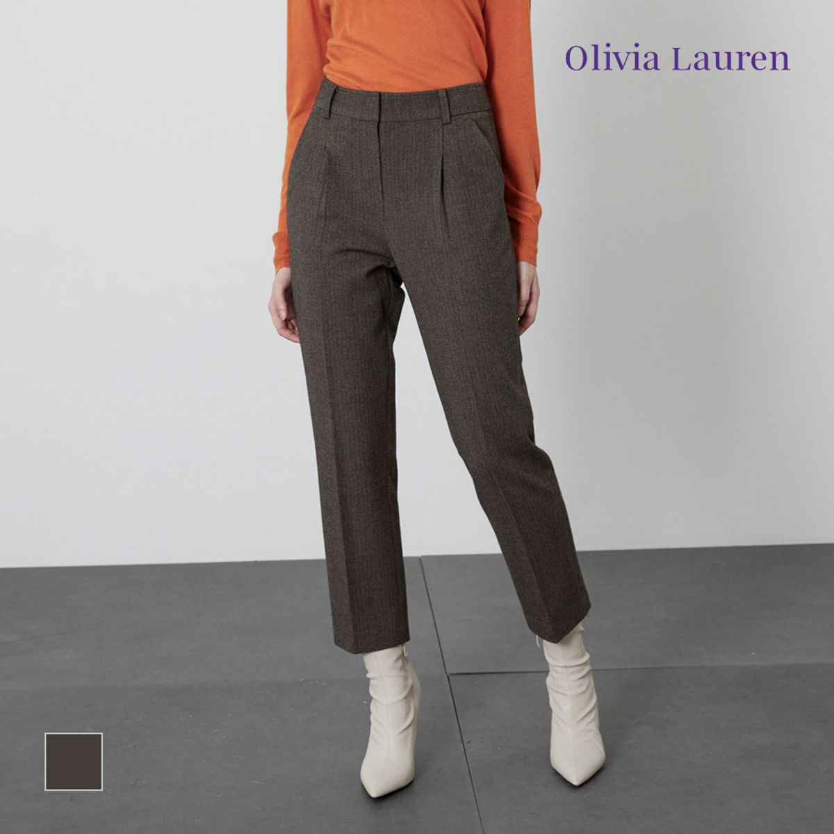 올리비아로렌(OLIVIALAUREN) 잔헤링본 슬림 배기 팬츠_VOPDLYW9351