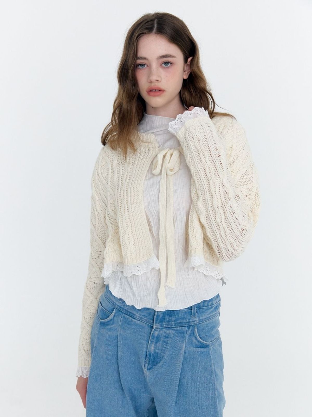 패브릭서울(FABRICSEOUL) lace cable puff knit cardigan
