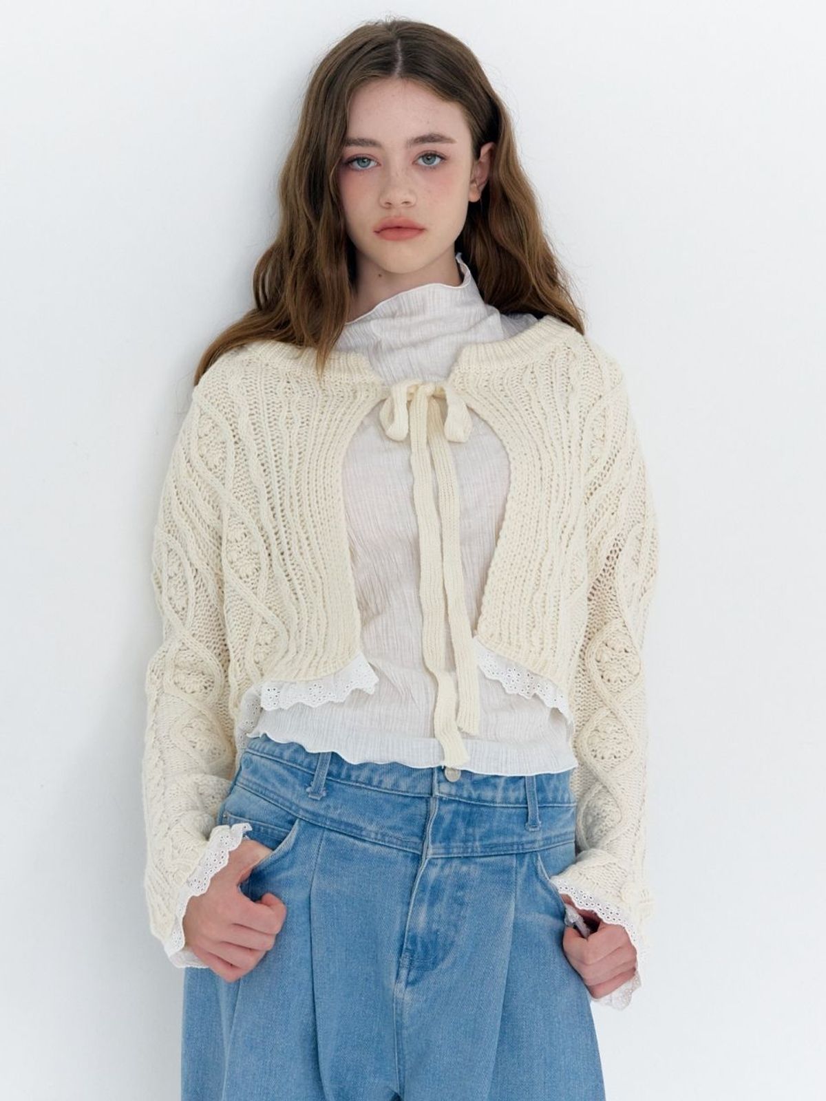패브릭서울(FABRICSEOUL) lace cable puff knit cardigan