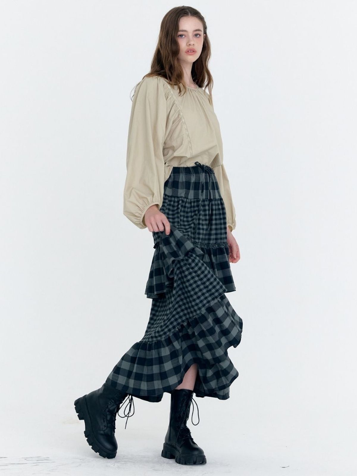 패브릭서울(FABRICSEOUL) check cancan shirring long skirt