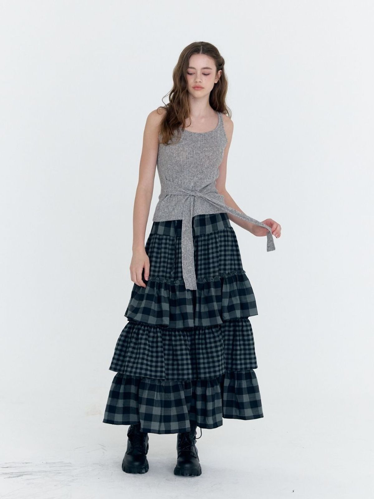 패브릭서울(FABRICSEOUL) check cancan shirring long skirt