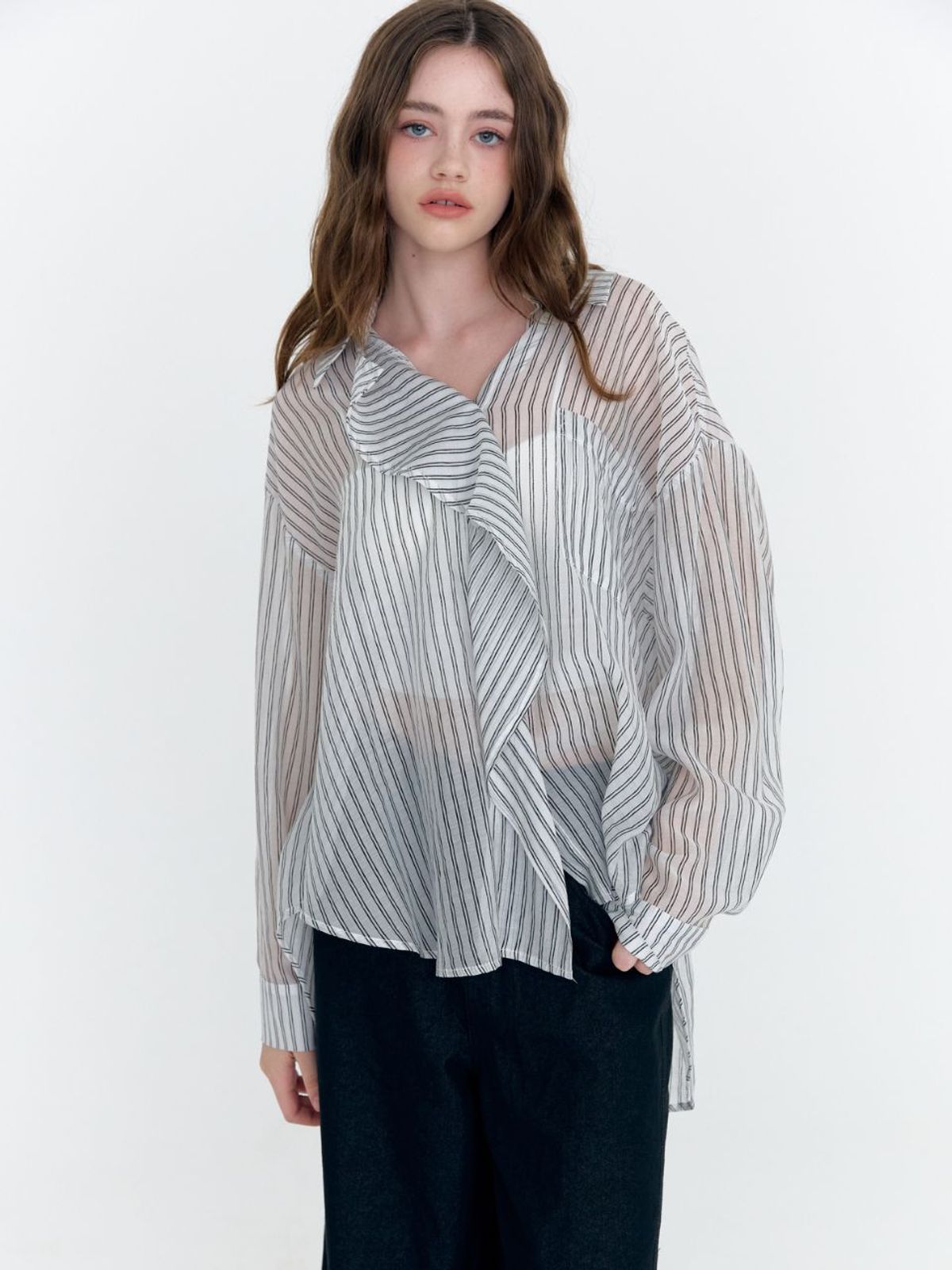 패브릭서울(FABRICSEOUL) see-through oversized stripe ruffle blouse