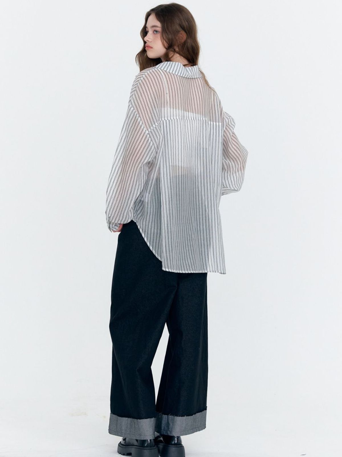 패브릭서울(FABRICSEOUL) see-through oversized stripe ruffle blouse