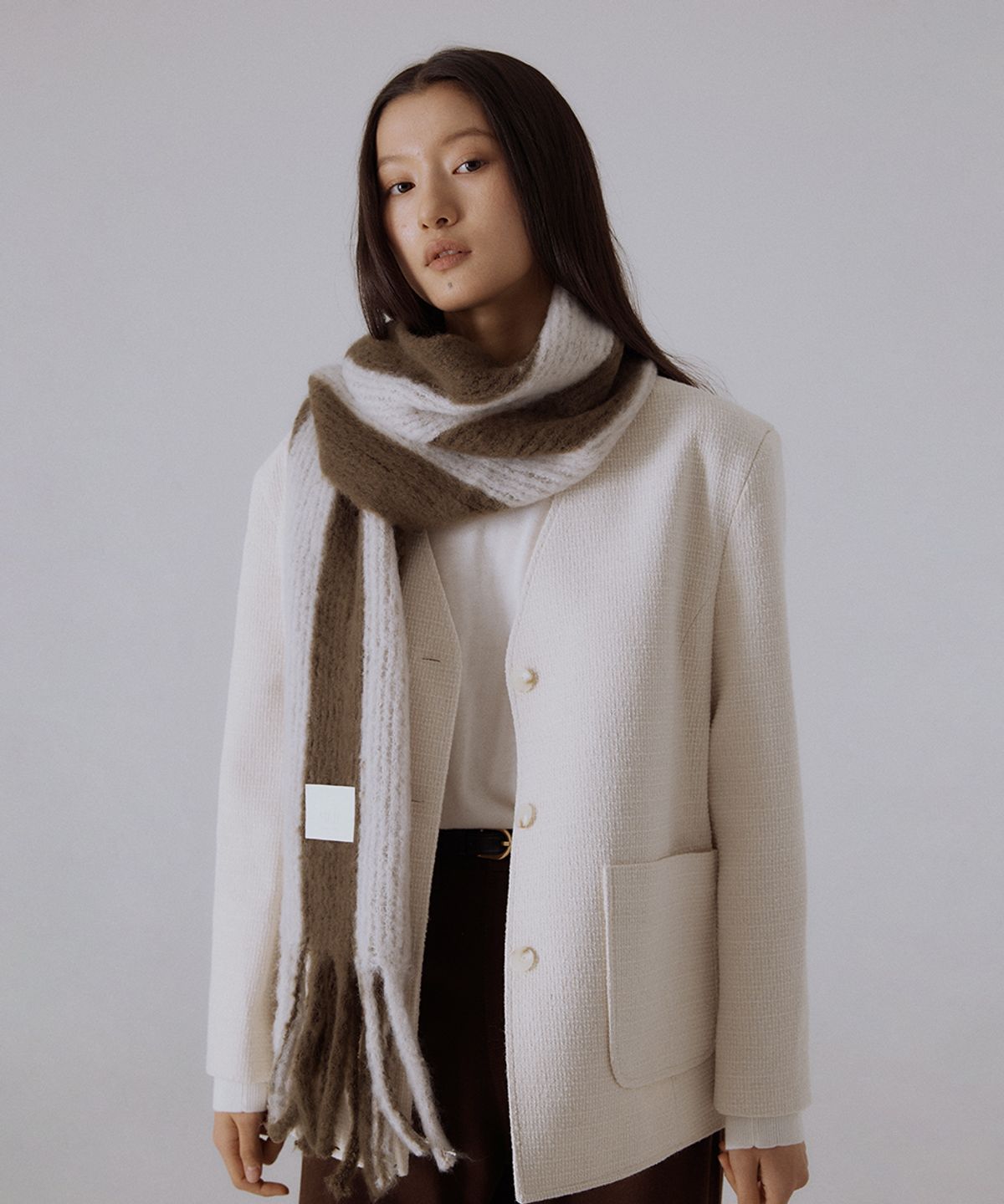 실른(SILN) Serra wide stripe knit muffler (MOSS KHAKI/ASH)