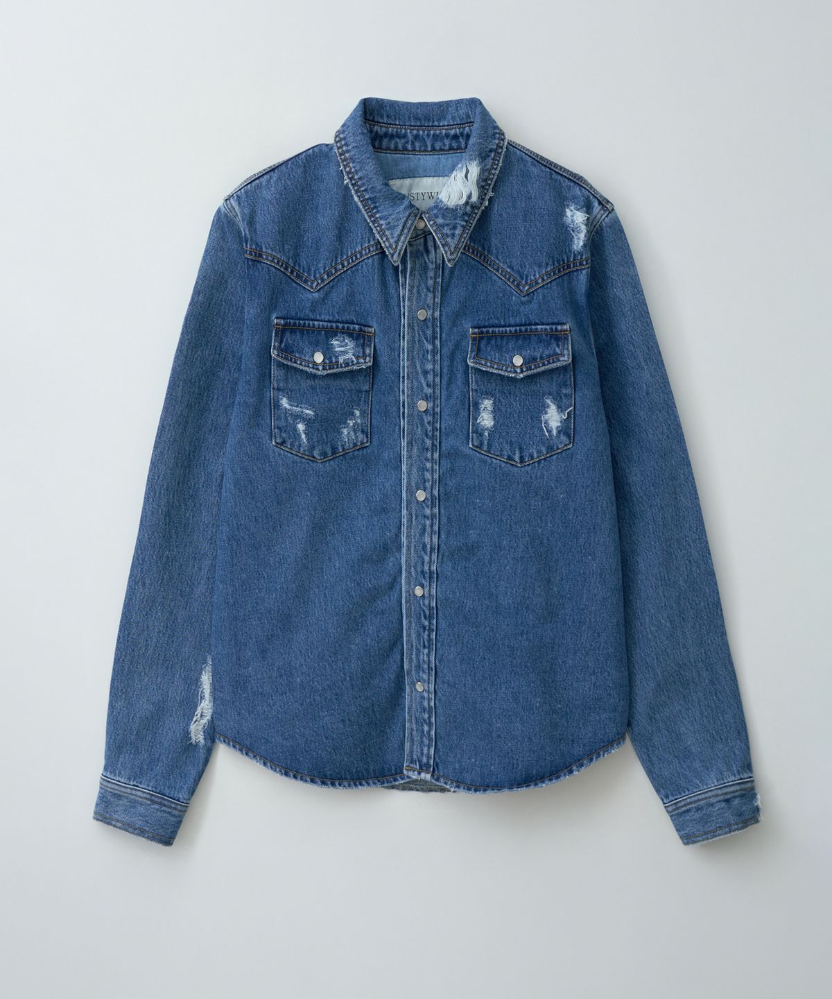 더스티화이트(DUSTYWHITE) BLUE DESTROYED CROPPED WESTERN DENIM SHIRT
