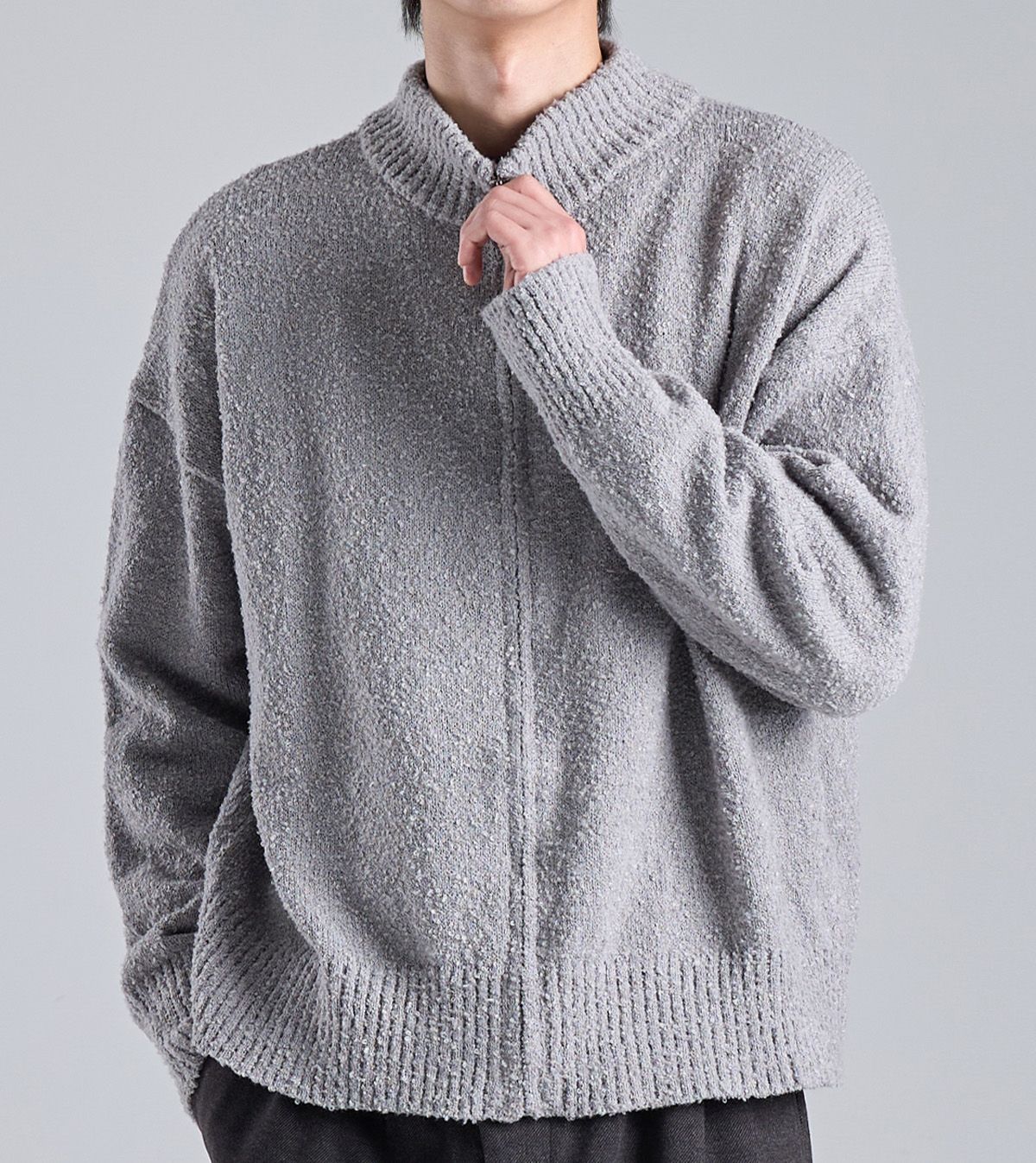 버튼서울(BUTTON SEOUL) 타올 텍스쳐드 니트 모크넥 집업 가디건 (그레이)