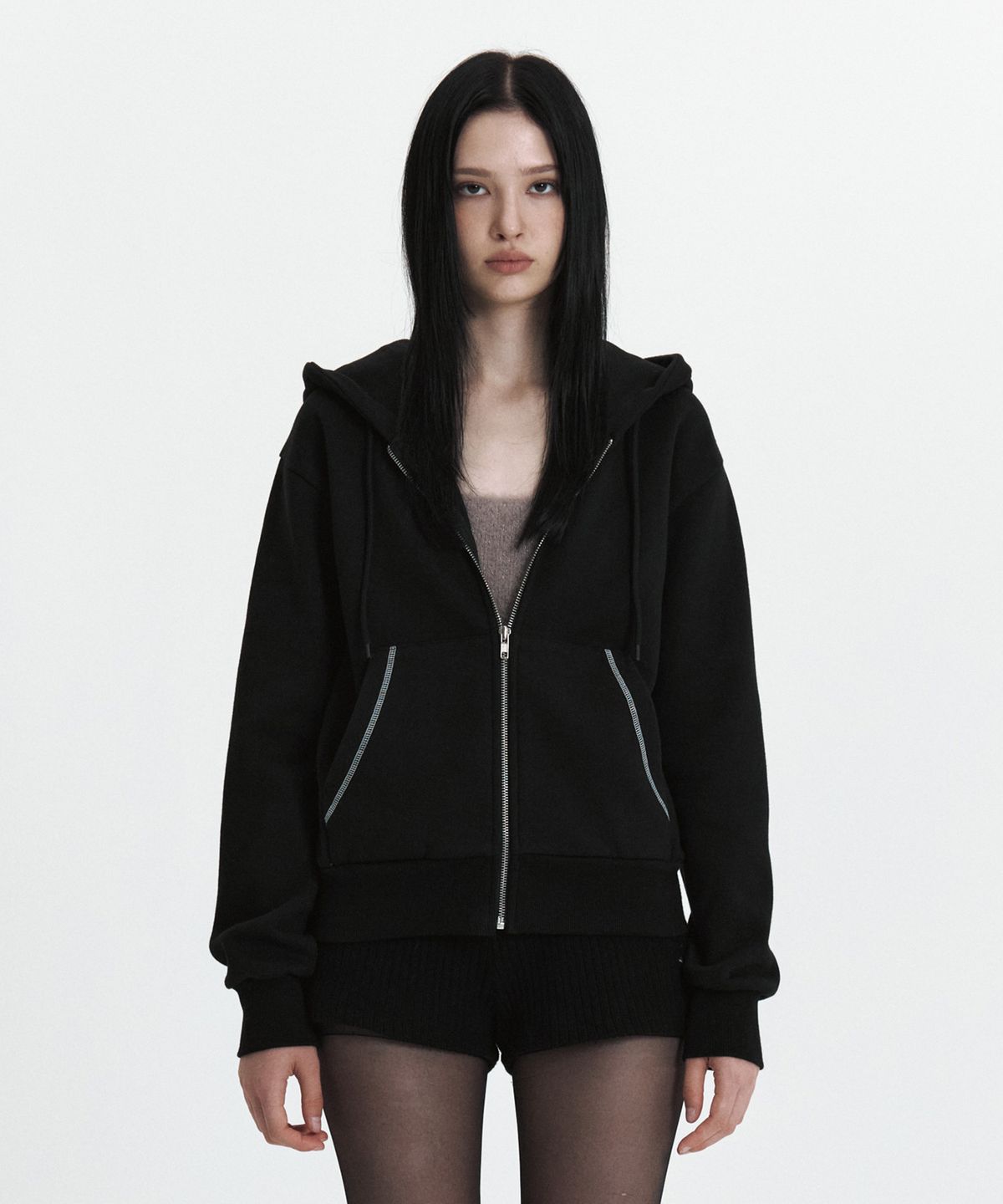 큐리티(CURETTY) C VELVET LOGO FLEECE ZIP-UP HOODIE_BLACK