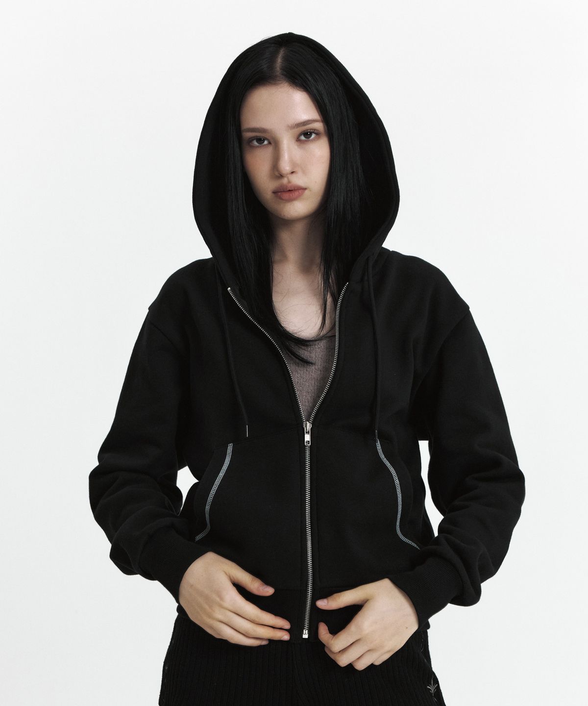큐리티(CURETTY) C VELVET LOGO FLEECE ZIP-UP HOODIE_BLACK