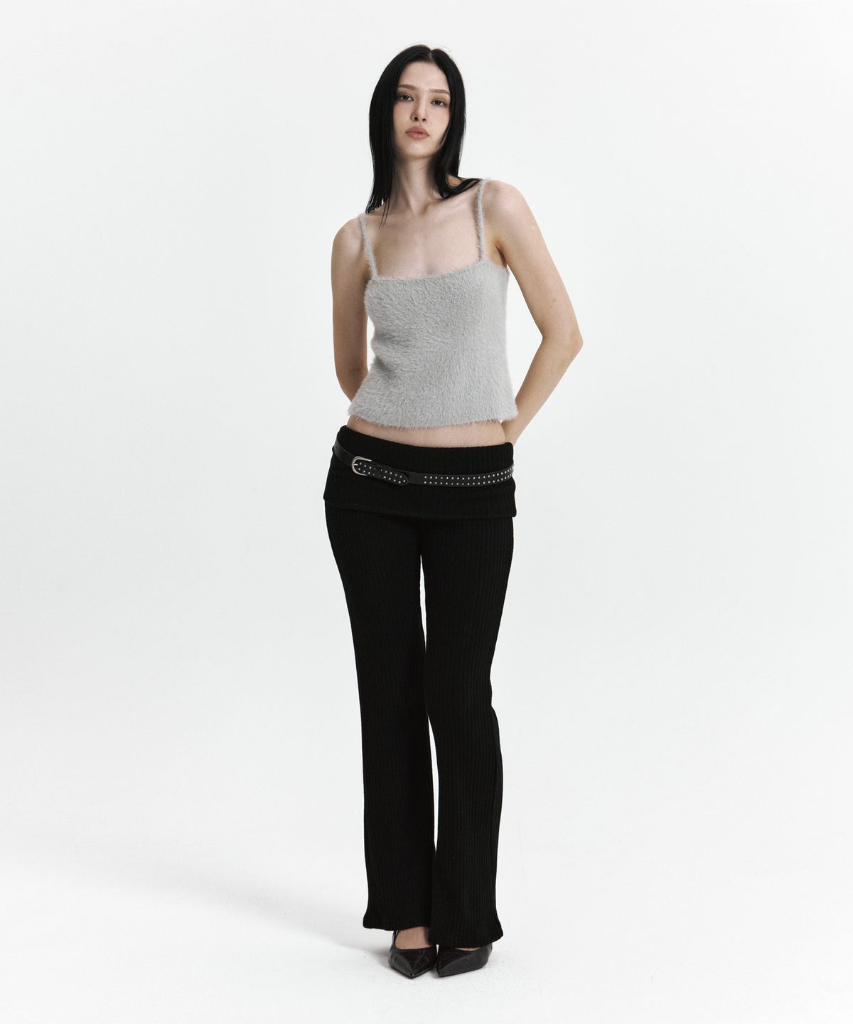 큐리티(CURETTY) C FOLD BANDING RIBBED FLARE PANTS_BLACK