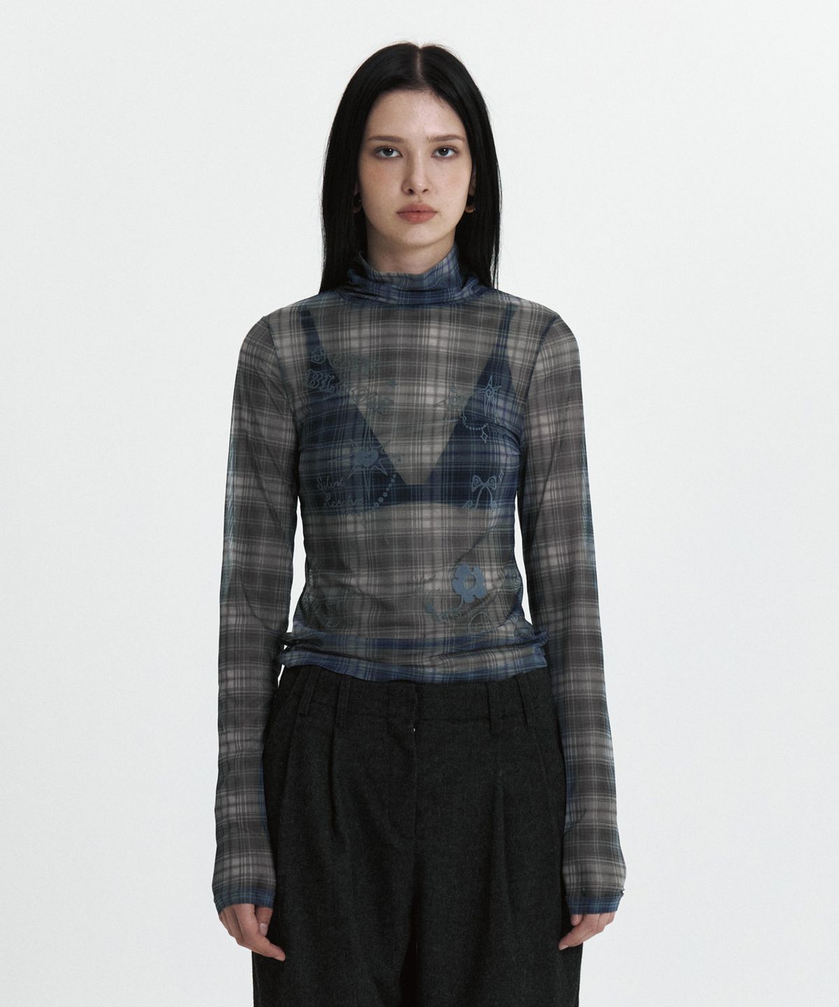 큐리티(CURETTY) C SEE-THROUGH CHECK T-SHIRT_BLACK