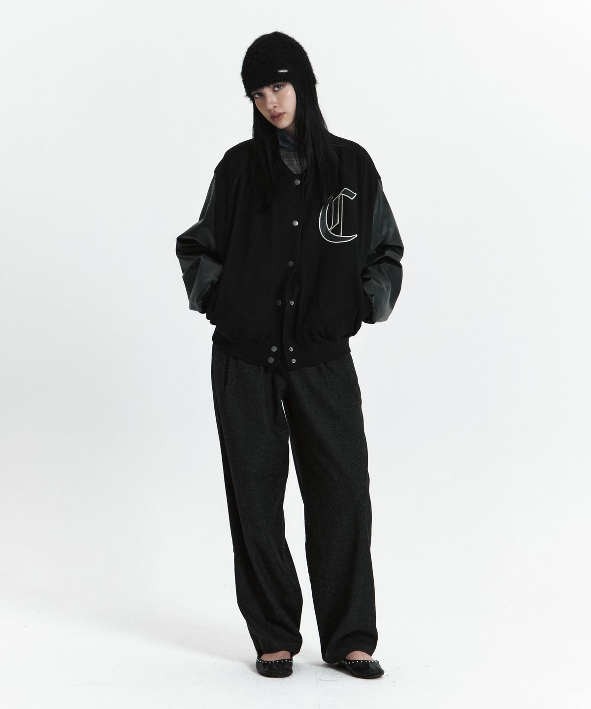 큐리티(CURETTY) C DOUBLE-TEXTURE C VARSITY JACKET_BLACK