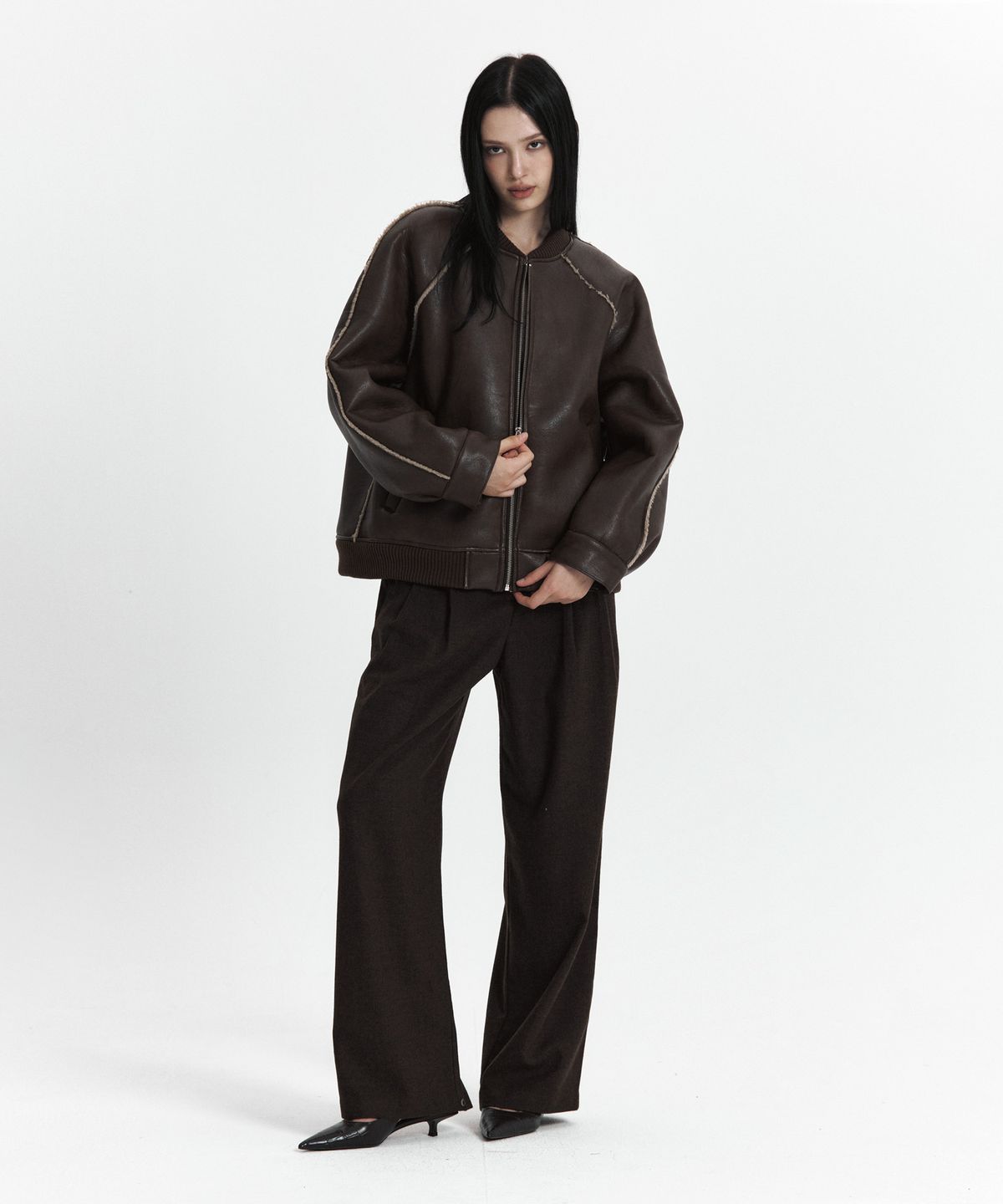 큐리티(CURETTY) C LINE TRIM FAUX SHEARLING JACKET_BROWN