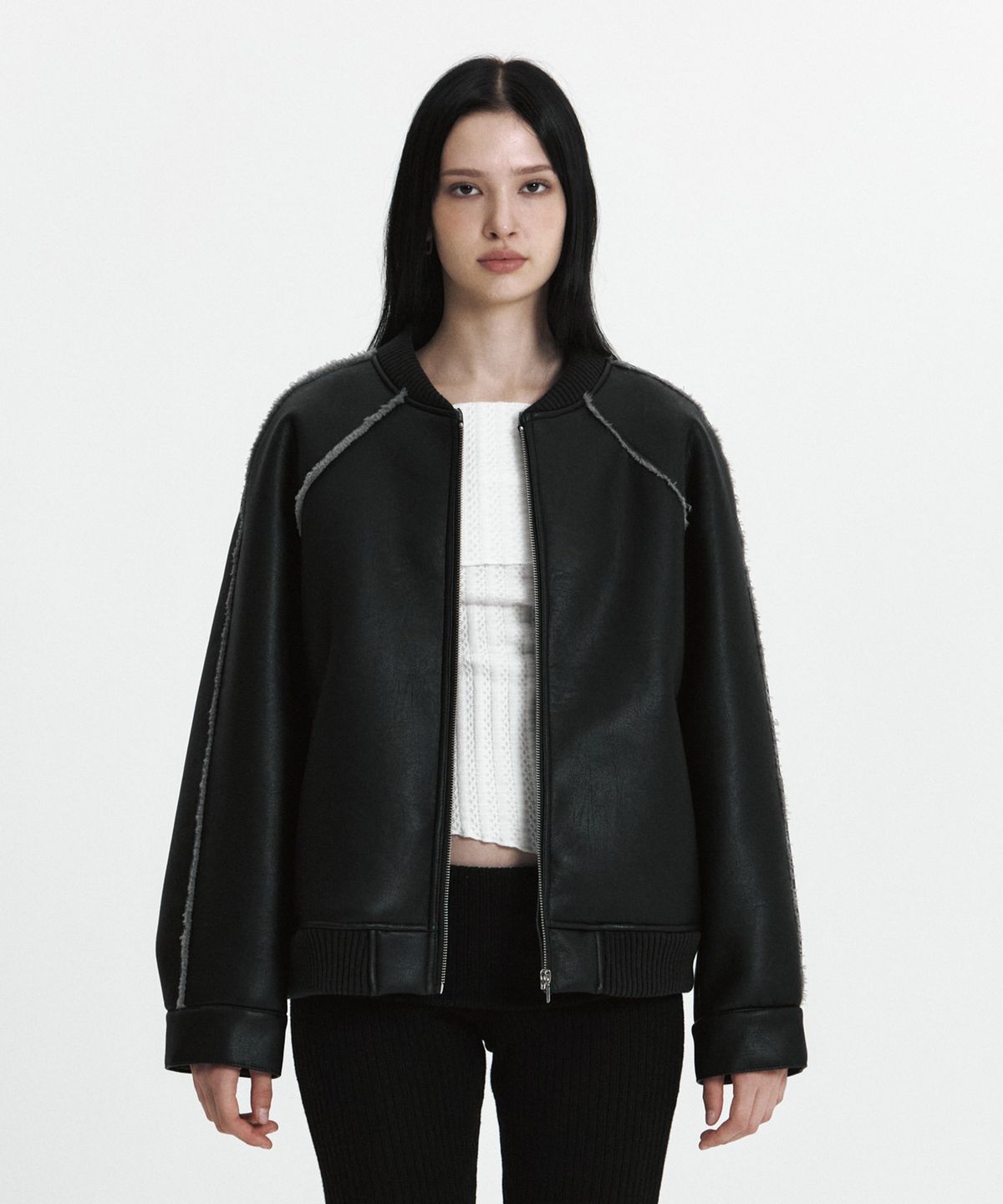 큐리티(CURETTY) C LINE TRIM FAUX SHEARLING JACKET_BLACK