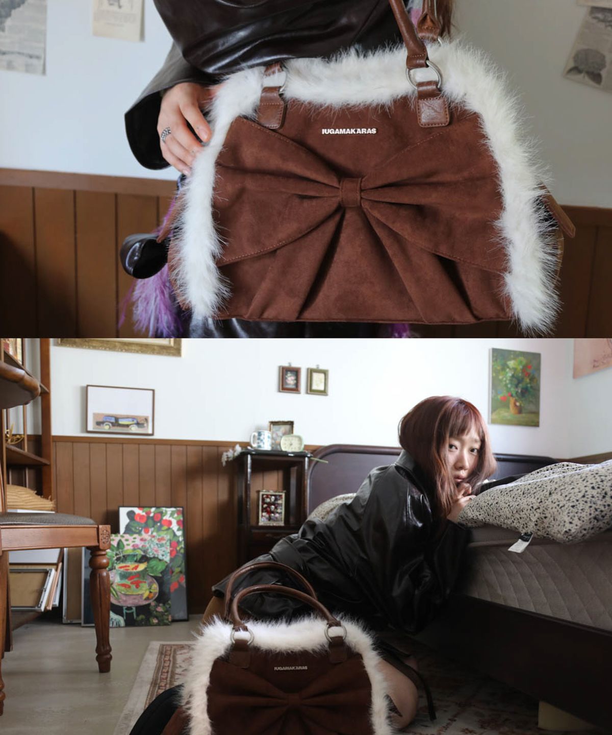 이우가마카라스(IUGAMAKARAS) Ribbon Fur Suede Shoulder Bag (Brown)