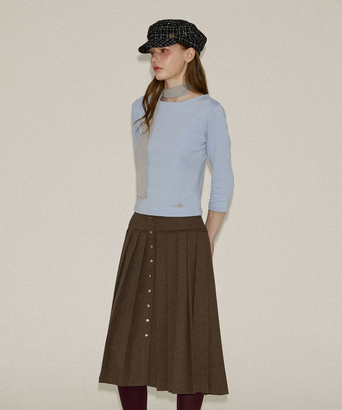 살롱 드 욘(SALON DE YOHN) Classic Button Pleated Skirt_ Brown