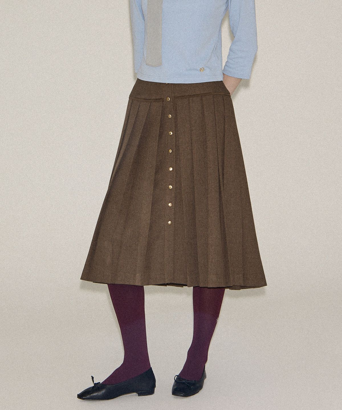 살롱 드 욘(SALON DE YOHN) Classic Button Pleated Skirt_ Brown