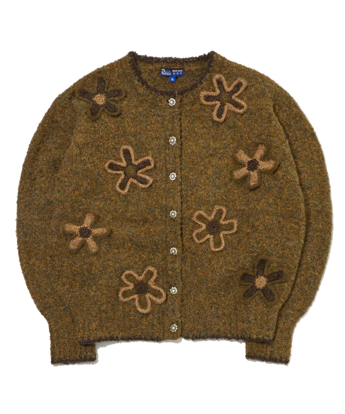 펜필드(PENFIELD) [P X NICKGEAR] 플라워 핸드메이드 배색 자수 롱슬리브 니트 가디건 올리브_FR3KJ07U