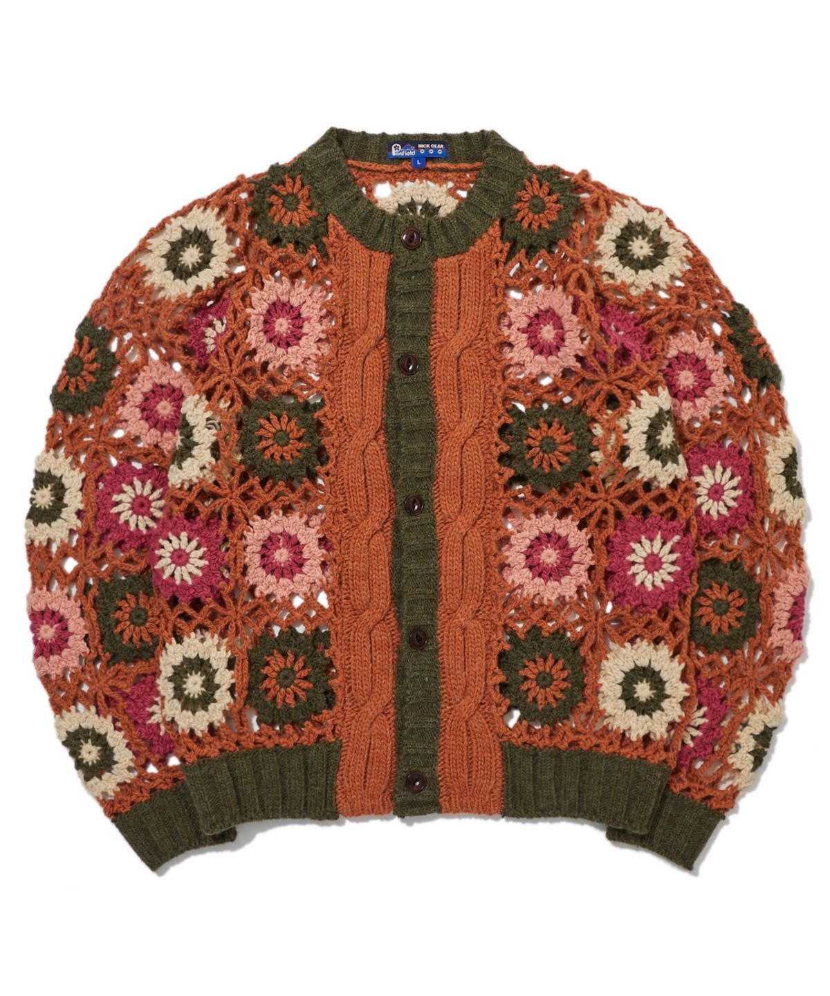 펜필드(PENFIELD) [P X NICKGEAR] 핸드메이드 닉기어 꽃 패턴 모티브 니트 가디건 오렌지_FR3KJ05U