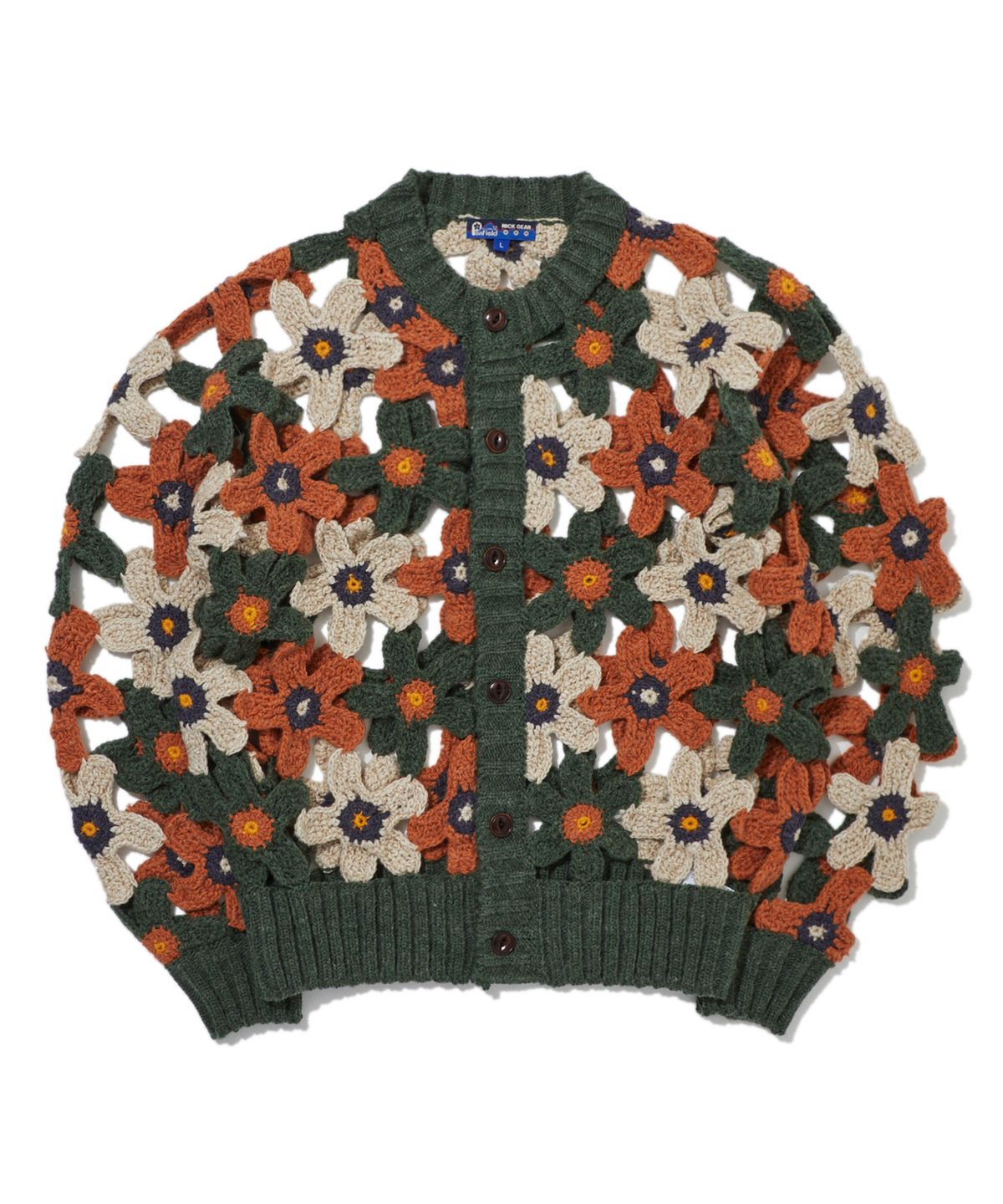 펜필드(PENFIELD) [P X NICKGEAR] 핸드메이드 링킹 플라워 니트 가디건 그린_FR3KJ03U