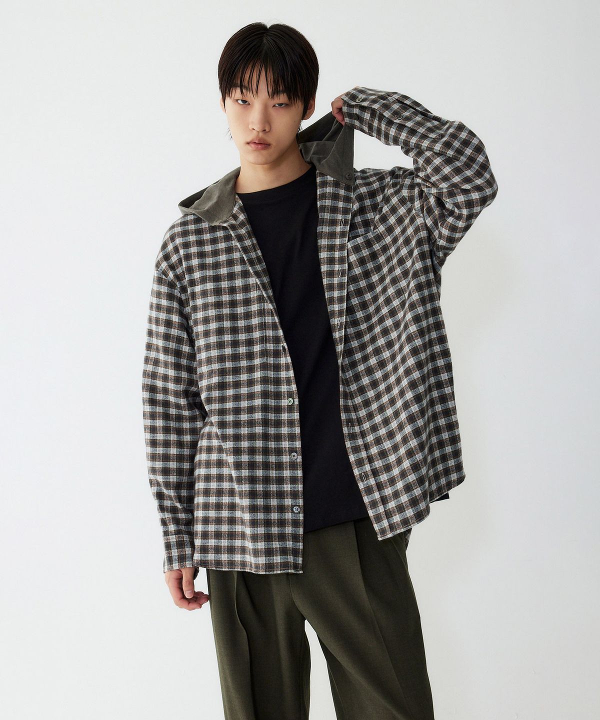 스튜디오 톰보이(STUDIO TOMBOY) [MEN] 후디 체크 셔츠_다크카키 9155421302