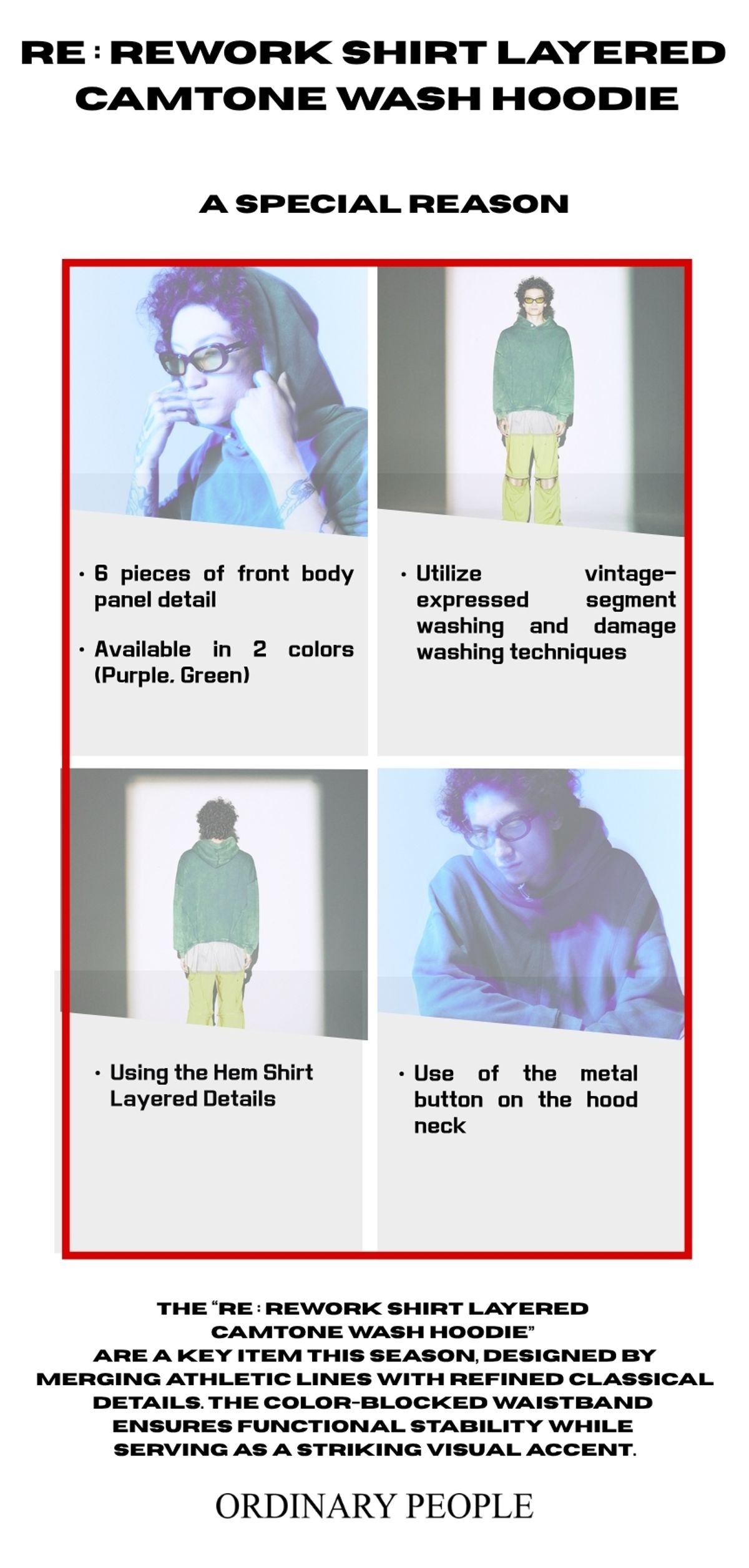 오디너리피플(ORDINARY PEOPLE) Re : Rework Shirt Layered Camtone Wash Hoodie_GREEN
