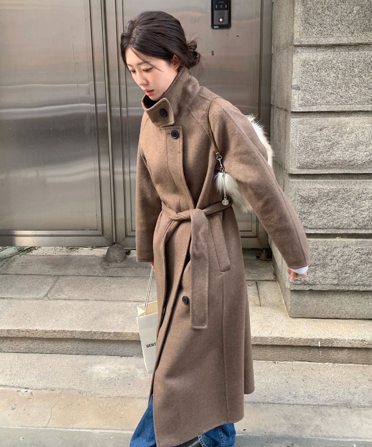 마인드브릿지 우먼(MIND BRIDGE WOMEN) [W]핸드메이드 캐시미어 하이넥 벨티드 롱 코트 - 2color