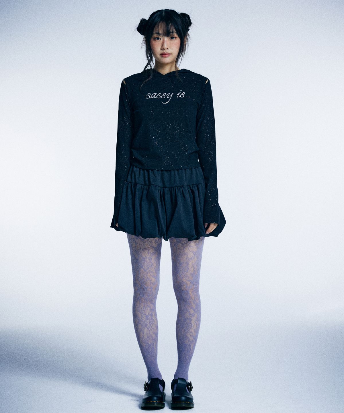 유얼쎄시(YOUR SASSY) Twinkle Slit Sleeve Hoodie Tee (BLACK)