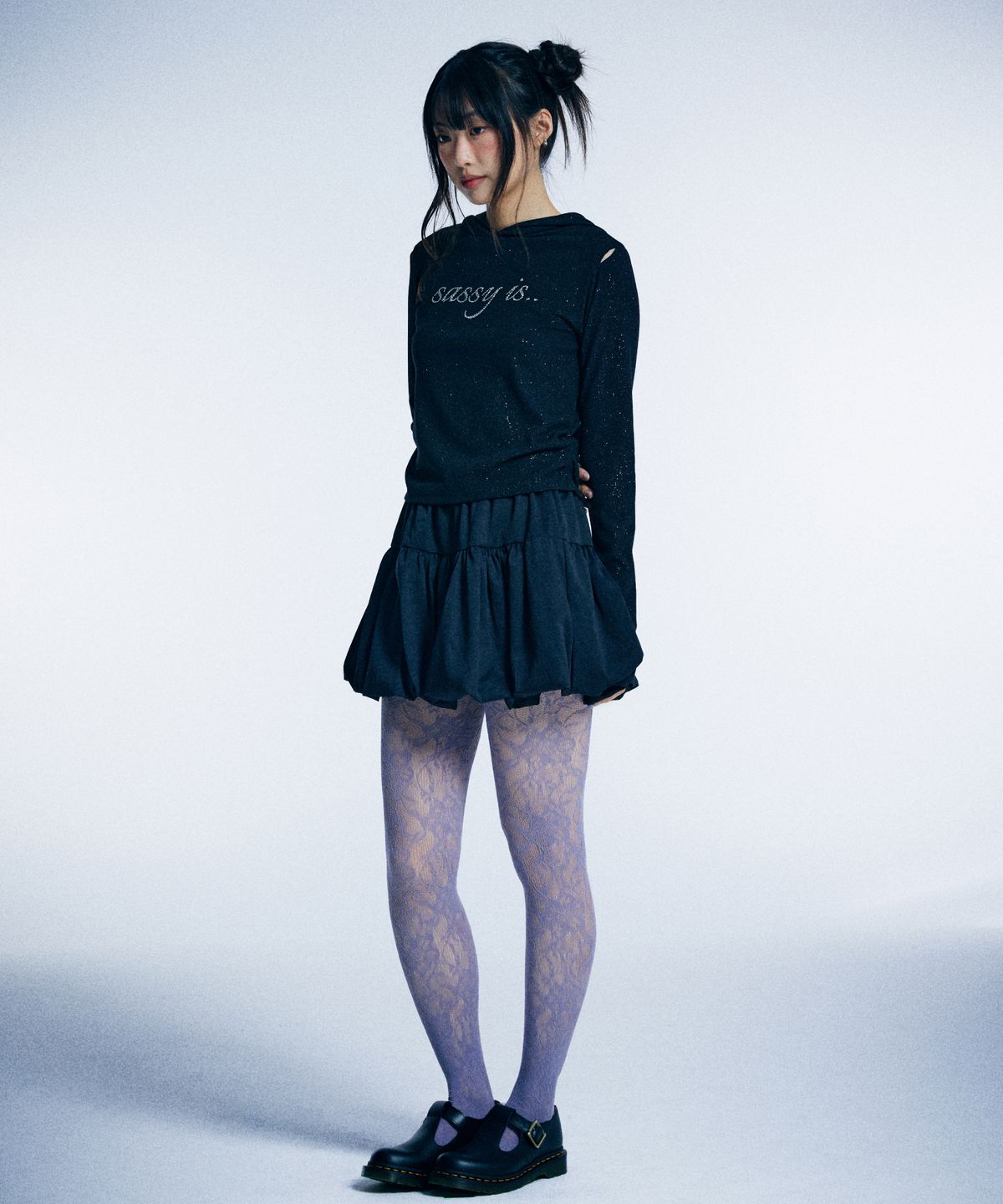 유얼쎄시(YOUR SASSY) Twinkle Slit Sleeve Hoodie Tee (BLACK)