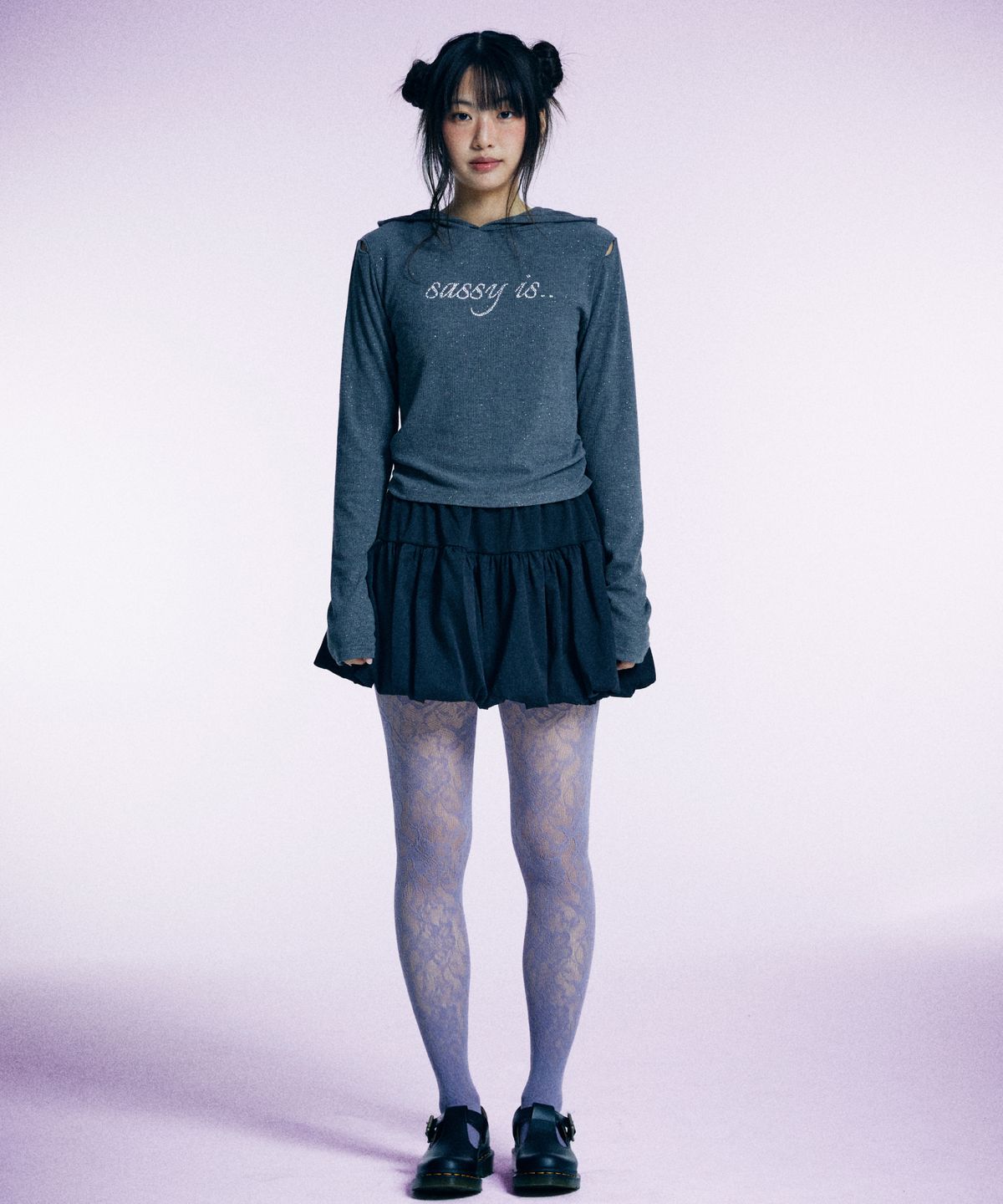 유얼쎄시(YOUR SASSY) Twinkle Slit Sleeve Hoodie Tee (GRAY)