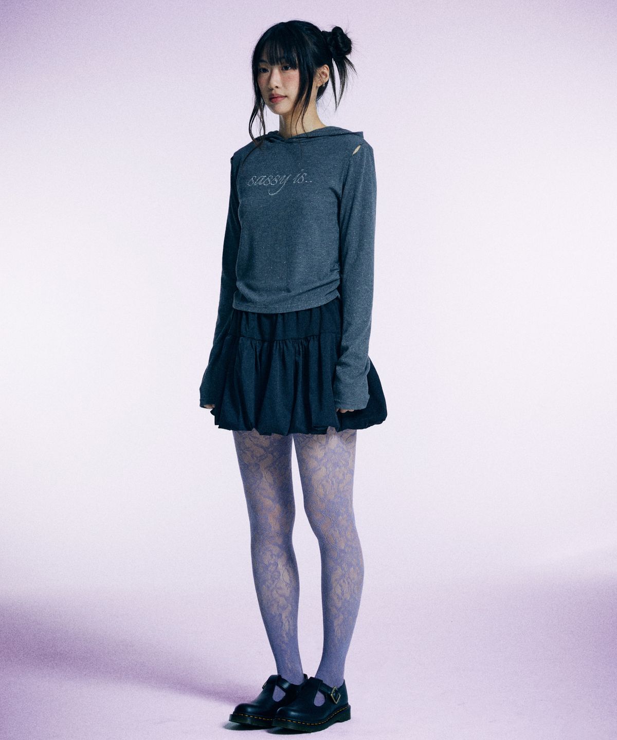 유얼쎄시(YOUR SASSY) Twinkle Slit Sleeve Hoodie Tee (GRAY)