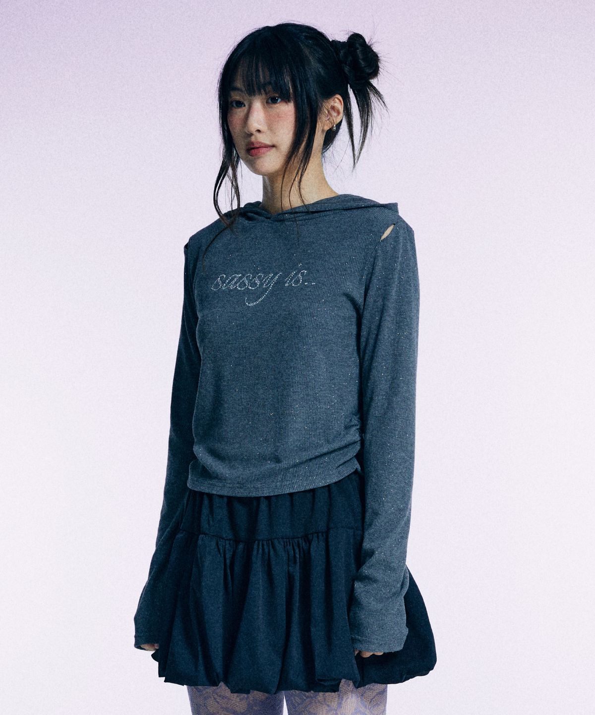유얼쎄시(YOUR SASSY) Twinkle Slit Sleeve Hoodie Tee (GRAY)