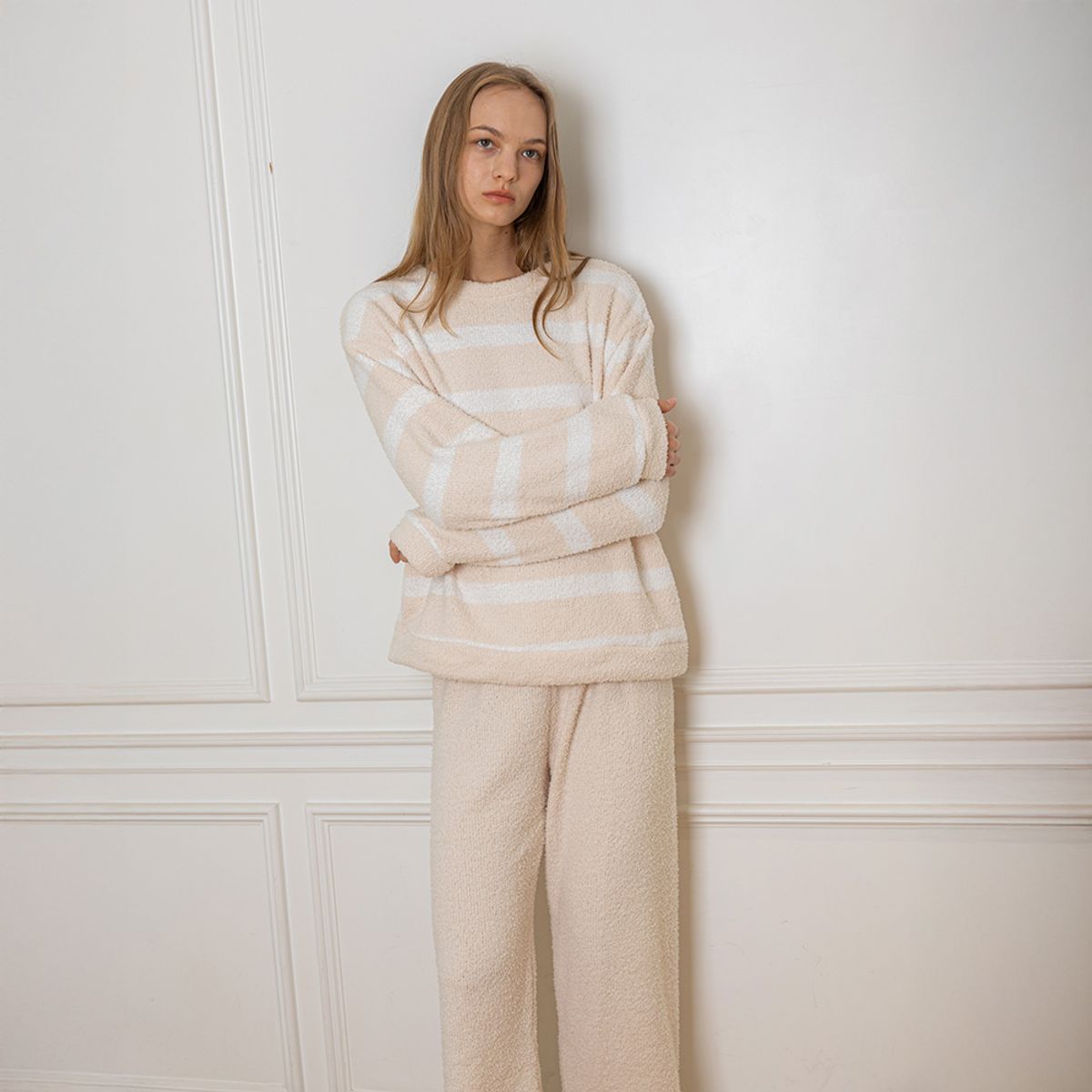 멜라니조이(MELANIE JOY) MJ_Plush stripes two piece pajamas_IVORY