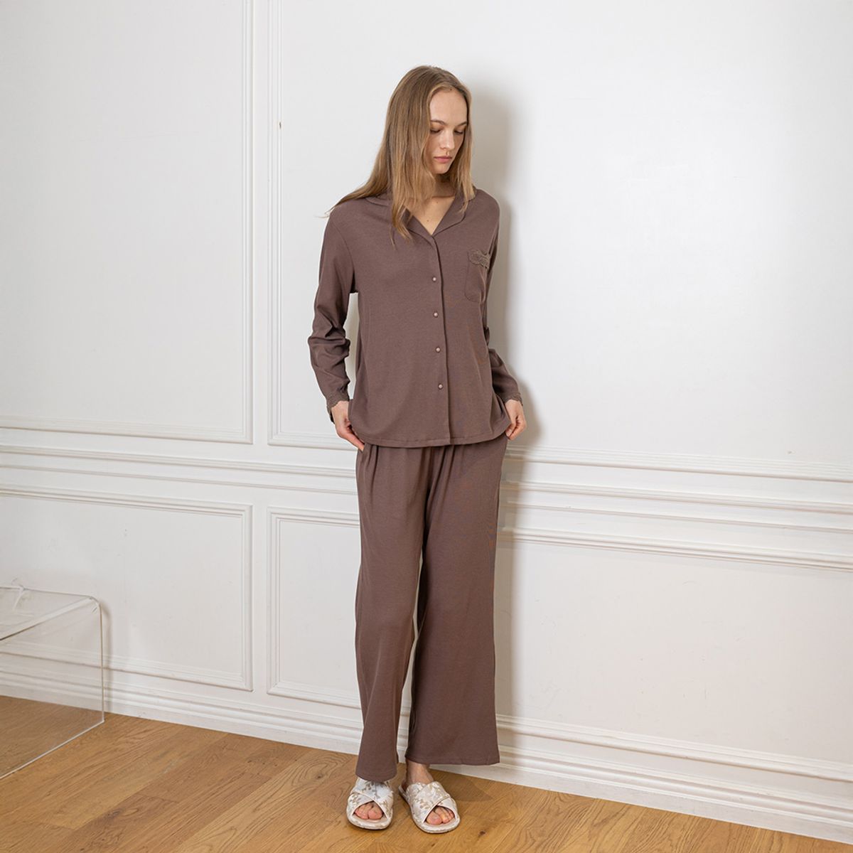 멜라니조이(MELANIE JOY) MJ_Earth brown shirt style two piece pajamas