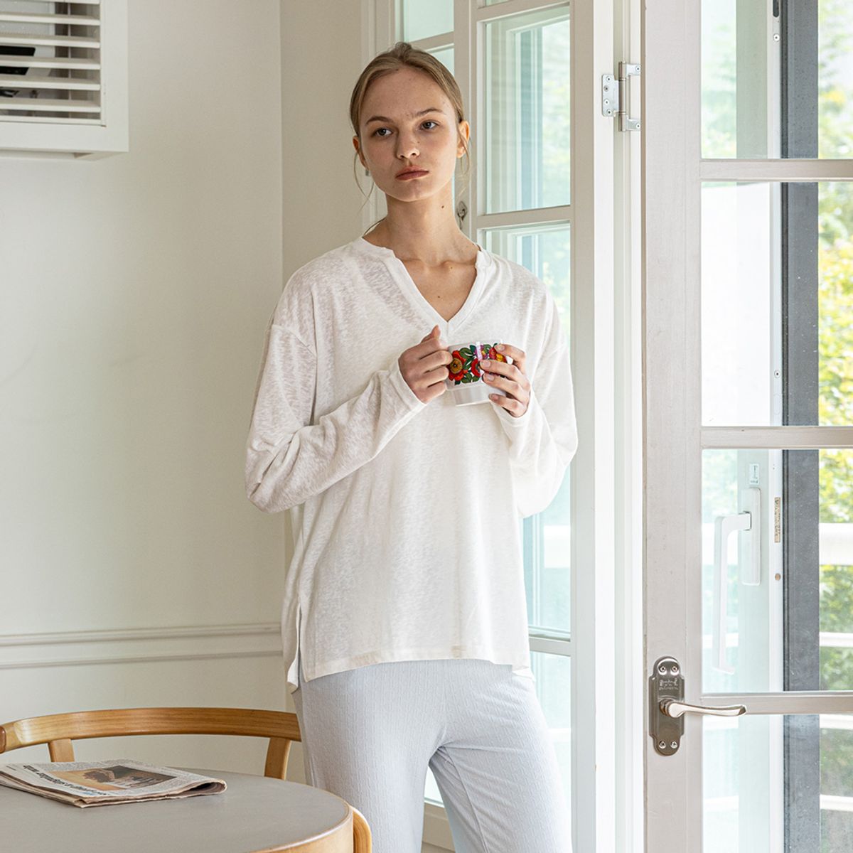 멜라니조이(MELANIE JOY) MJ_V neck casual home long sleeves top_2color