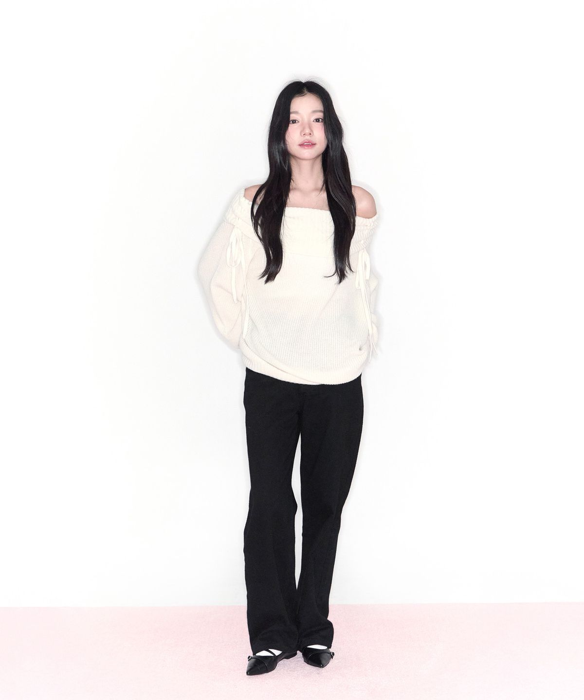 알키알카(ALKI ALKA) Shirring Off-shoulder Knit (Ivory)