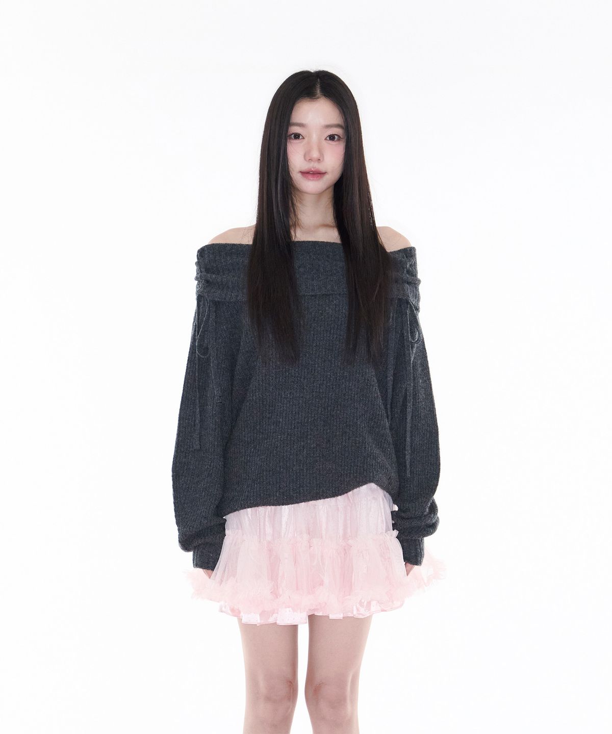 알키알카(ALKI ALKA) Shirring Off-shoulder Knit (Charcoal)